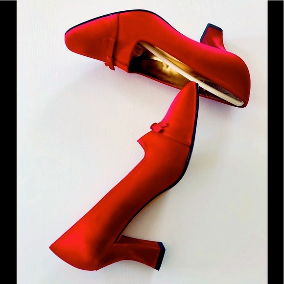 Shoes - Red Satin pump bow detail 3 inch heel leather sole size 7.5